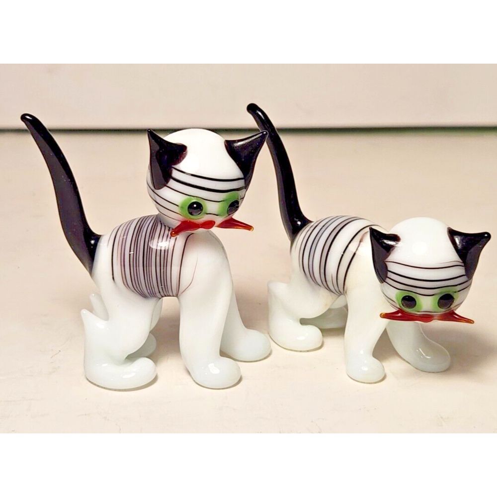 Pair Vintage Bimini Lauscha‎ German Art Glass Cat & Kitten White w/Black Stripes